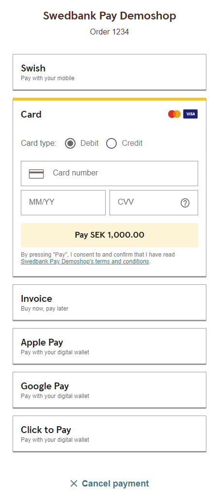 screenshot of the enterprise implementation redirect payment menu